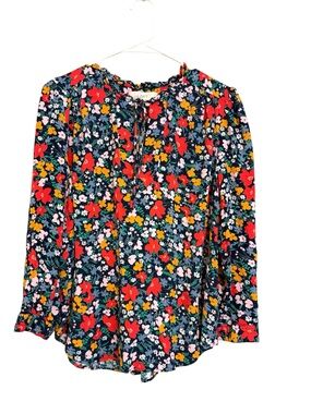 2/$30 LOFT Floral Tie Neck Blouse Size M Navy Red Yellow Long Sleeve Top